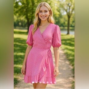 a new day Pink Polka Dot Wrap Midi Dress with Puff Sleeves